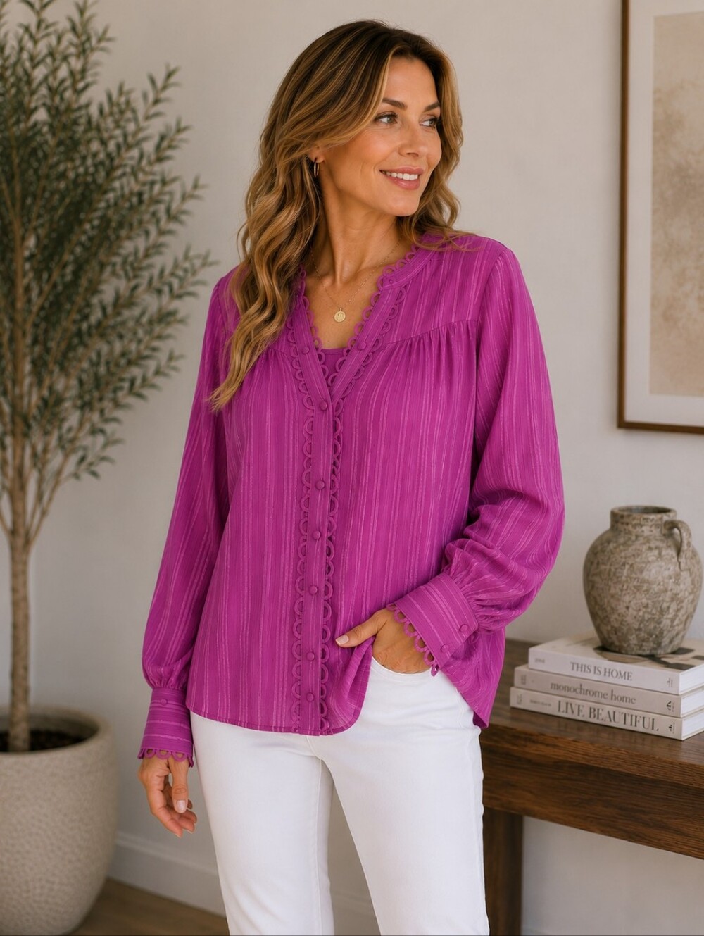 Soft Surroundings Fuchsia Stripe Blouse Petite XL w/ Tank